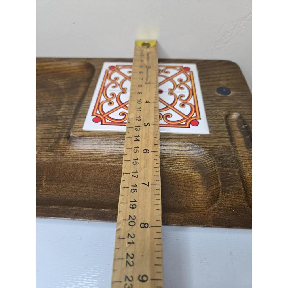 Vtg 1970s Japanese Keyaki Wood Cheese Board Charcuterie Tray Orange Scroll Tile